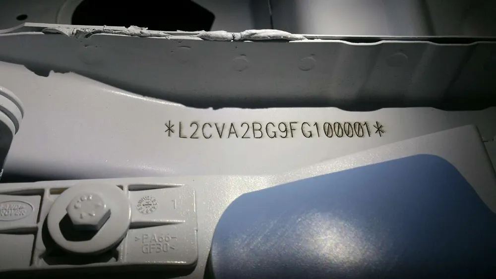 Appearance of the VIN stamped after final assembly and painting.